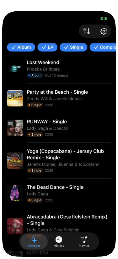 The Discover tab showing catalog releases from artists already in the library, filterable by Album, EP, Single, and Comp.