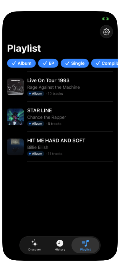 The Playlist tab showing the "To Check Out" queue, with albums and EPs from several artists.